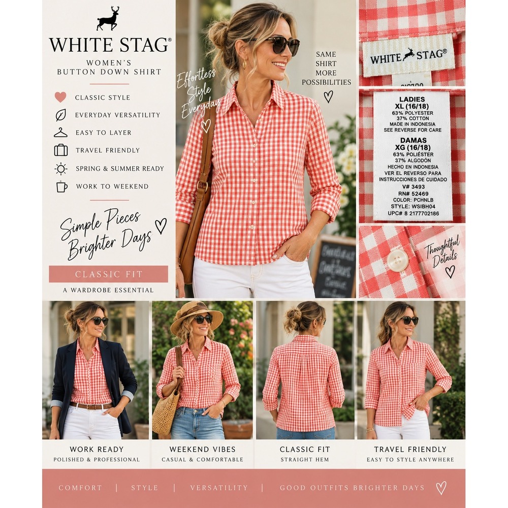 White Stag Gingham Button Down Shirt Coral White XL Picniccore Preppy Casual NWT